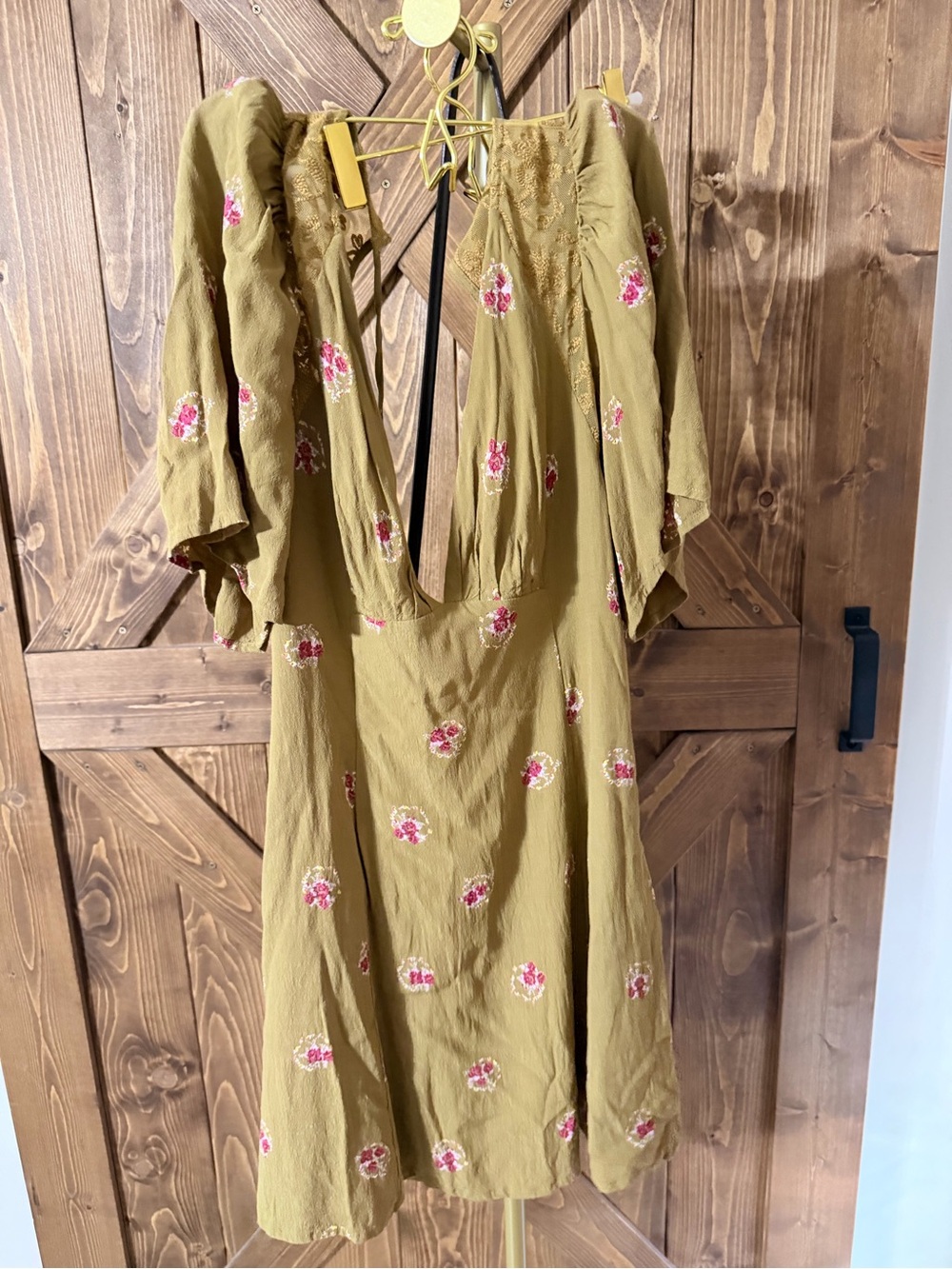 Free People mocking Bird Olive Green Mini Dress with Pink Floral Embroidery